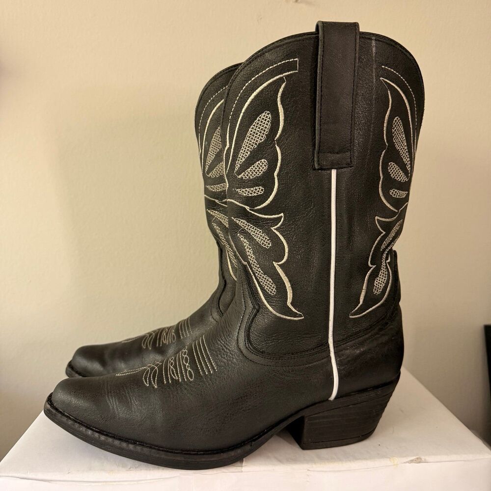 Sterling River Butterfly Embroidered Leather Cowboy Boots Size 10 Black Western